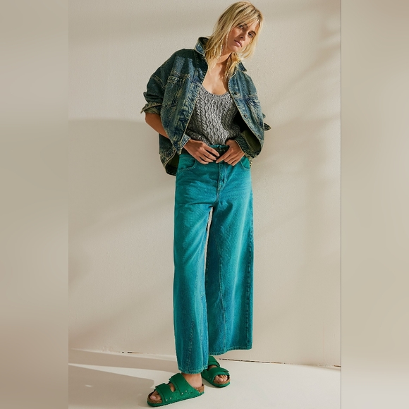 NWT FP x Tricia Fix Reworked Chill Vibes Denim Color: Turquoise Overdye Size 27